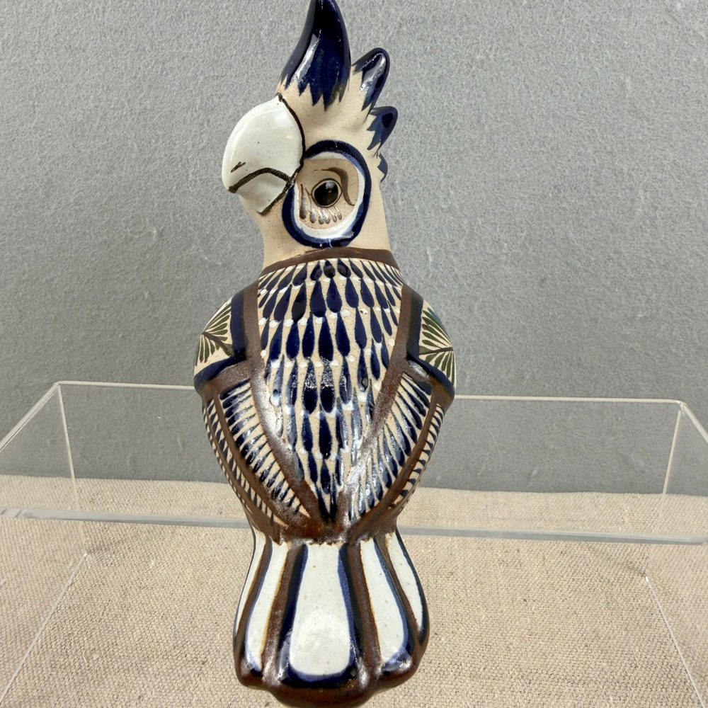 Vintage Mateos Tonala Mexico Art Pottery Parrot Bird Figurine Blue Brown